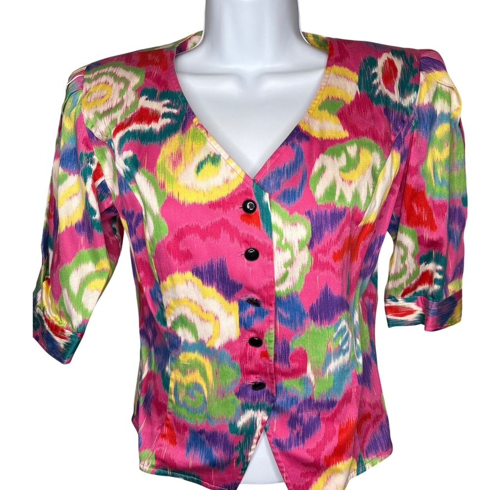 Vintage 80s Ungaro Ter Women Multicolor Abstract Ikat Blouse Sz 4 Power Dressing